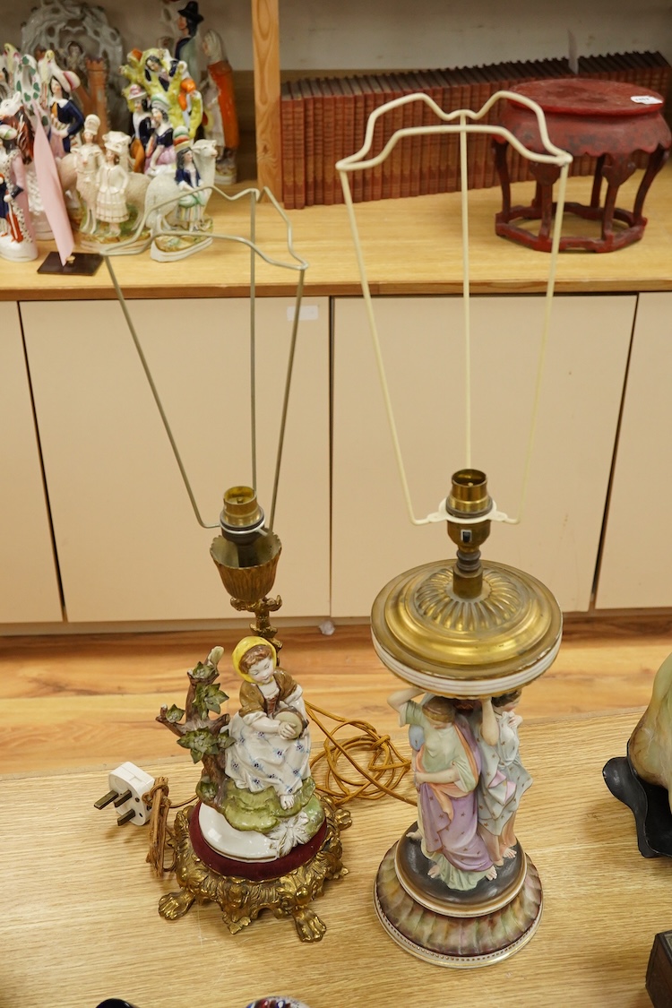 A Continental Three Graces table lamp and another table lamp mounted with a seated figure, largest 44cm high including the fitting